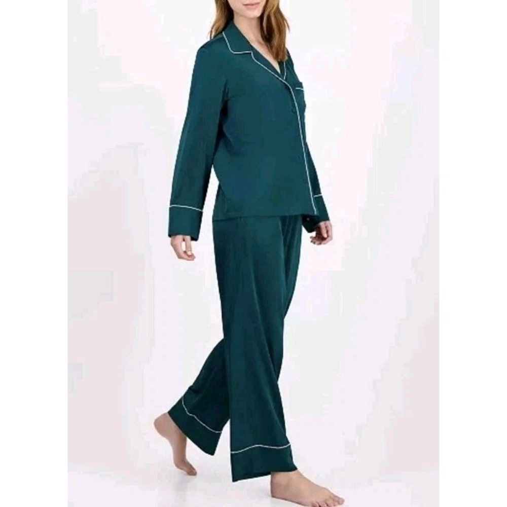 INK+IVY Women's Notch Collar Pajama Top and Pant Set Green Small Satin